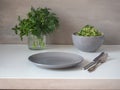 Preparation for lunch, empty gray plate, caustic salad with cucumber and herbs in a deep gray cup