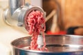 Preparation of minced meat from fresh meat using an electric meat grinder at home Royalty Free Stock Photo