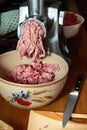Preparation of minced meat in grinder Royalty Free Stock Photo