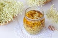 Preparation of a natural elder flower syrup with honey Royalty Free Stock Photo