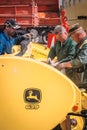 Preparation of new agricultural machinery for the harvest season in the Kaluga region of Russia.