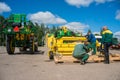 Preparation of new agricultural machinery for the harvest season in the Kaluga region of Russia.