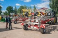 Preparation of new agricultural machinery for the harvest season in the Kaluga region of Russia.