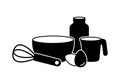 Preparation of pancake batter. Horizontal silhouette pictogram of cooking, basic set. Bowl, whisk, milk, eggs, measuring cup. Royalty Free Stock Photo