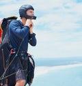 Preparation, parachute or man with helmet for sport, safety or gear to exercise for health wellness. Sky mockup