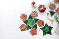 Preparation of pentagon and triangular pieces of fabric for sewing patchwork star, quilting accessories. Space for text