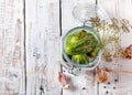 Preparation pickled marinated cucumbers with dill and garlic. Flat lay.