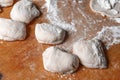 Ooking preparation of pies lying on a wooden table with flour