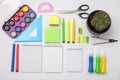 Preparation of primary school children. Bright and multicolored school background with stationery accessories for the study of