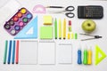 Preparation of primary school children. Bright and multicolored school background with stationery accessories for the study of