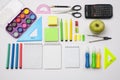 Preparation of primary school children. Bright and multicolored school background with stationery accessories for the study of