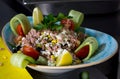 Preparation in a restaurant of salad from fresh vegetables, rice Royalty Free Stock Photo