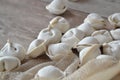 Preparation of russian meat dumplings. Homemade raw dumplings on a wooden white table close up Royalty Free Stock Photo