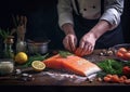 Preparation of salmon steak fillet by restaurant chef cook.Macro.AI Generative