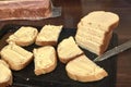 Preparation for sandwiches and canapes, sliced bread with butter