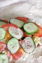 Preparation of shawarma. Meat with vegetables in a bread cake. Fast food