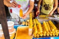 Preparation of spiral potato chips on Bangkok open market, Thailand