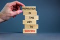 Preparation and success symbol. Wooden blocks with words Preparation is the key to success on on a beautiful grey background, copy Royalty Free Stock Photo