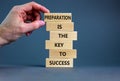 Preparation and success symbol. Wooden blocks with words Preparation is the key to success on on a beautiful grey background, copy Royalty Free Stock Photo