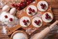 Preparation of sweet dumplings with cherries. Horiozntal top vie Royalty Free Stock Photo