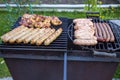 Preparation of tasty sausages and meat on the gil.