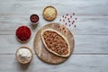 Preparation of traditional Arabic pizza manaqish with meat. Royalty Free Stock Photo