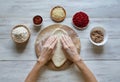 Preparation of traditional Arabic pizza manaqish with meat. Royalty Free Stock Photo