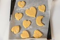 Preparation of traditional Christmas cookies - cut out shapes on a baking sheet before baking Royalty Free Stock Photo