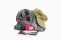 Preparation for travel, hand bag, note book, road map,camera ,hat and sunglass on isolate