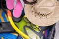 Preparation travel suitcase with accessories for snorkeling Royalty Free Stock Photo