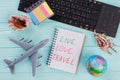 Preparation for travel, trip vacation, tourism mock up of airplane, sea shells ,stickers,globe on azure wooden table.