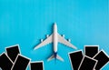 Preparation for Traveling concept, Airplane with Photo frame. Royalty Free Stock Photo