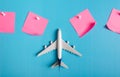 Preparation for Traveling concept, paper noted, airplane, push pin. Royalty Free Stock Photo