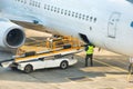 Preparation for unloading baggage from an airplane