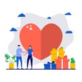 Preparation for Valentine`s Day concept with tiny character. People stand near big heart, love holiday flat vector illustration. Royalty Free Stock Photo