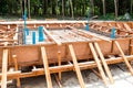 The preparation of water and drain pipes of bath room before pouring concrete slap at a house construction Royalty Free Stock Photo