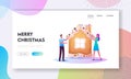 Preparation for Xmas Celebration Landing Page Template. Tiny Male and Female Baking Huge Christmas Gingerbread House