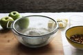 Preparations for Apple pie: flour, apples, butter, nuts. Homemade cake Royalty Free Stock Photo