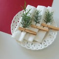 Preparations about arranging the table for winter holidays. Winter decoration Royalty Free Stock Photo