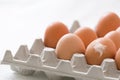 Preparations for Easter. Many light brown eggs in a paperbox. One egg with a white feather on it