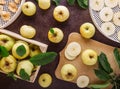 Preparations for the winter, drying apples. Fresh yellow apples, sliced for drying