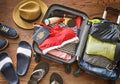 Prepare accessories and travel items. Open traveler`s bag with clothing, accessories, and passport. Royalty Free Stock Photo