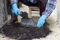 Prepare black soil in used plastic containers. for planting Conserving natural resources and the environment sustainable world