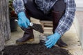 Prepare black soil in used plastic containers. for planting Conserving natural resources and the environment sustainable world