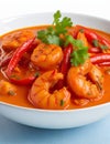 Fiery Temptation: Close-Up of Spicy Shrimp Curry on a White Background. AI Generated