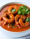 Fiery Temptation: Close-Up of Spicy Shrimp Curry on a White Background. AI Generated