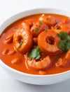 Fiery Temptation: Close-Up of Spicy Shrimp Curry on a White Background. AI Generated