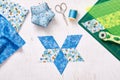 Prepare of diamond pieces of fabric for sewing quilt, top view