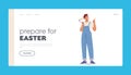 Prepare for Easter Landing Page Template. Cheerful Male Character with Painting Roll. Worker on Blue Overalls