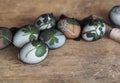 Easter eggs painted onion peel with a pattern of fresh herbs on a wooden ancient background. We color the eggs according to the Royalty Free Stock Photo